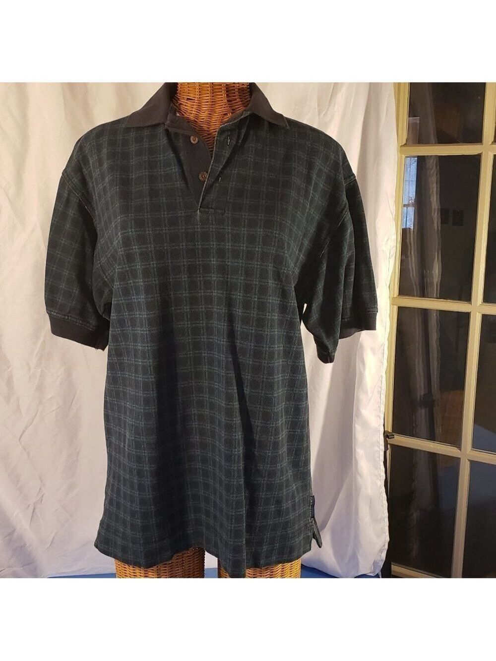 Men's Vintage G H BASS Checked Green & Blue Polo Shirt - S